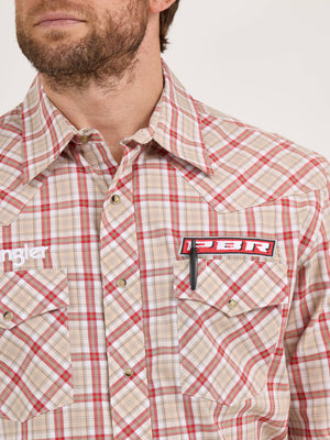 Wrangler® Men's PBR Logo Long Sleeve Button Down Shirt, Brown/Red