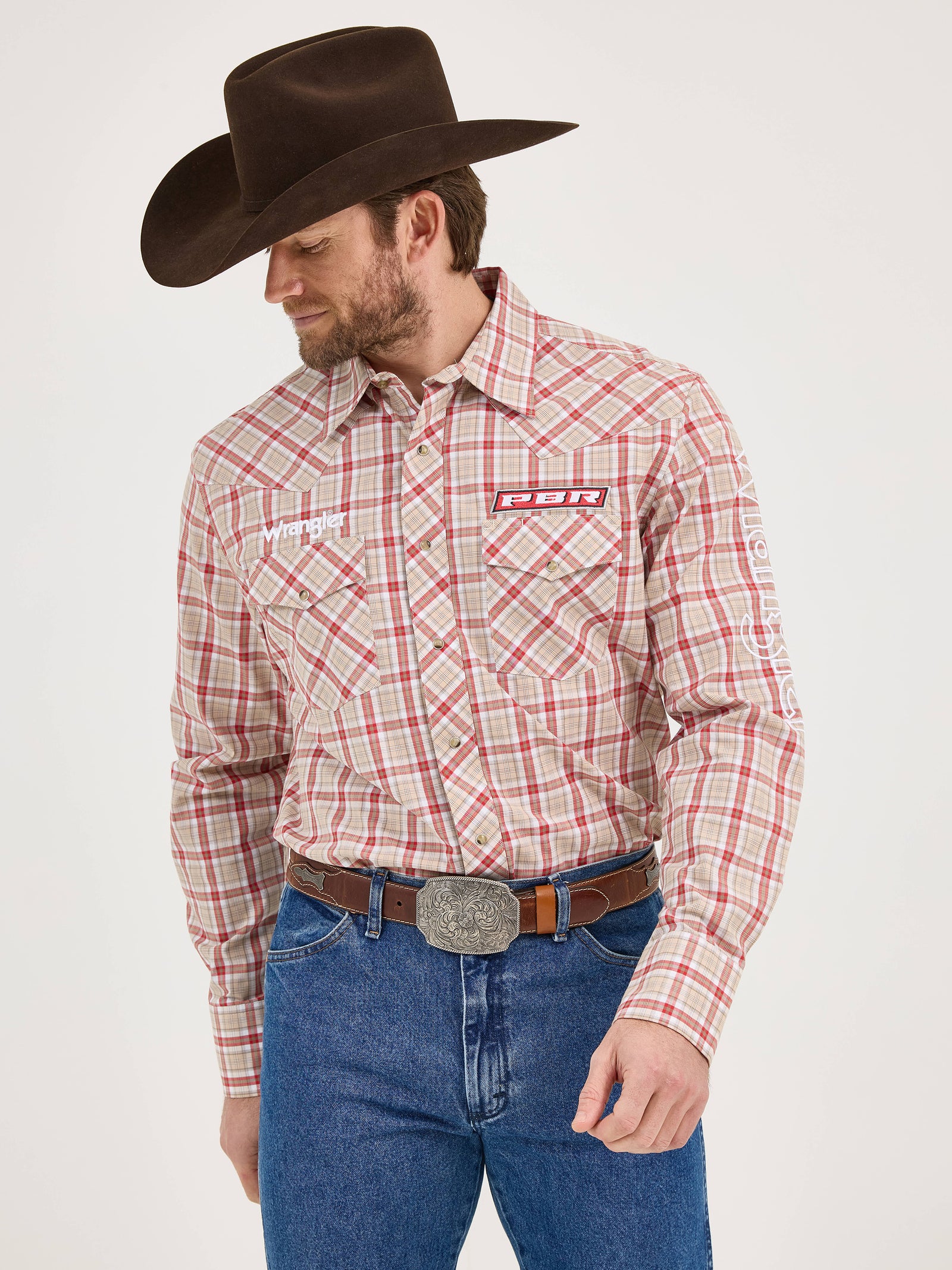 Wrangler® Men's PBR Logo Long Sleeve Button Down Shirt, Brown/Red