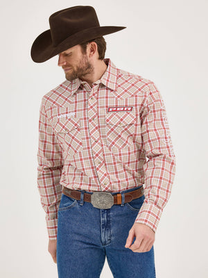 Wrangler® Men's PBR Logo Long Sleeve Button Down Shirt, Brown/Red