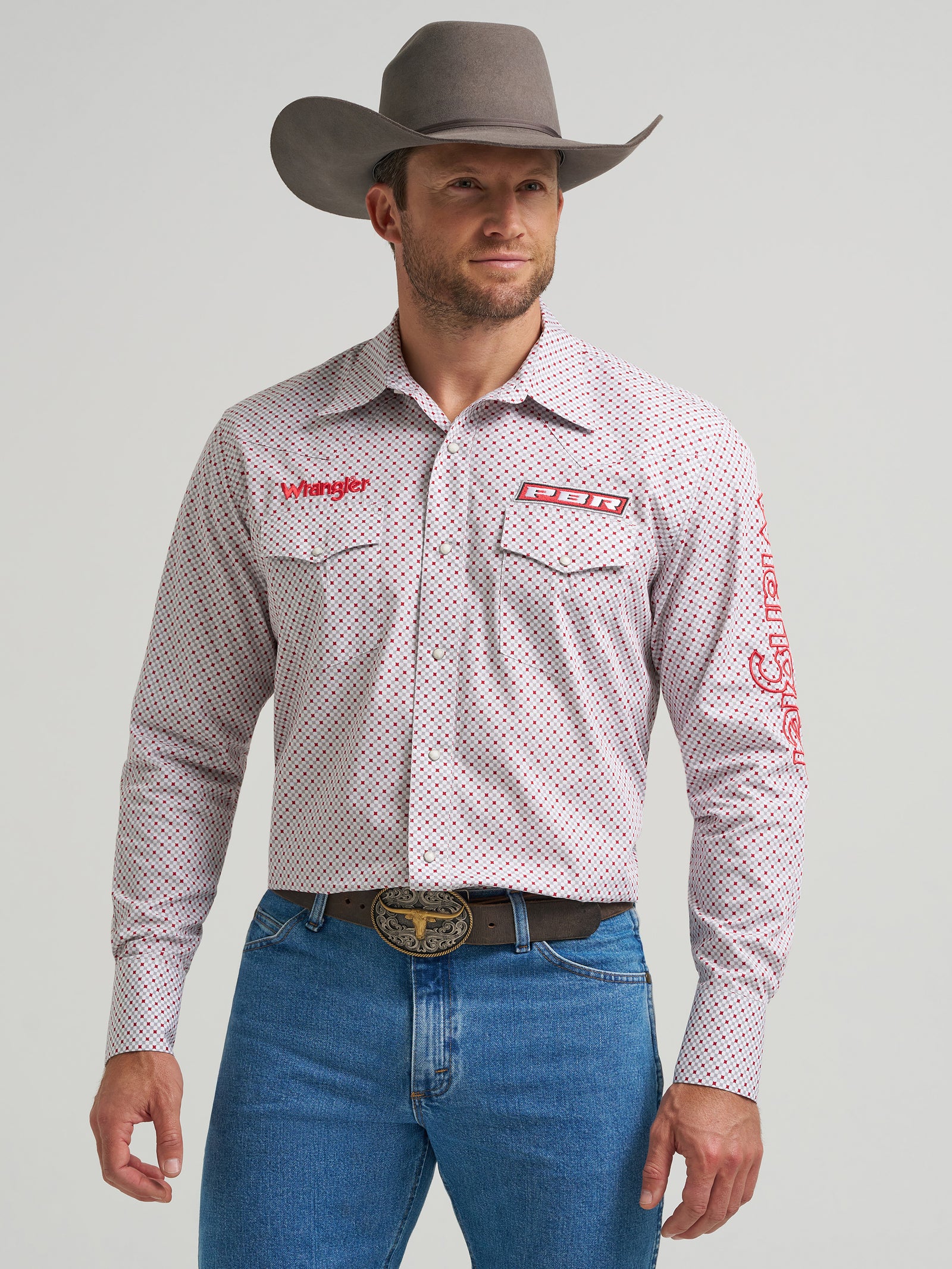 Wrangler® Men's PBR Logo Long Sleeve Button Down Shirt, White