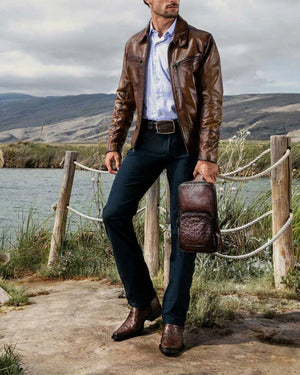 Cuadra Men's Ostrich Leather Narrow Square Toe Boot, Brown