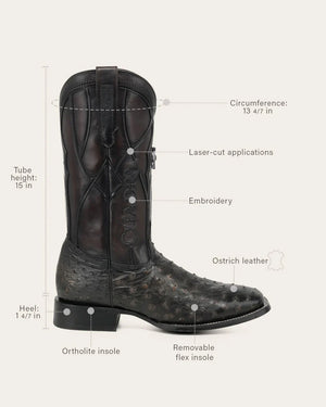 Cuadra Men's Full Quill Ostrich Leather Wide Square Toe Boot, Chocolate Gold