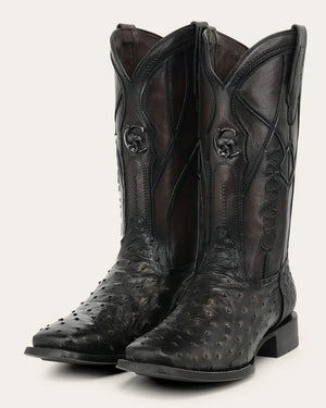 Cuadra Men's Full Quill Ostrich Leather Wide Square Toe Boot, Chocolate Gold