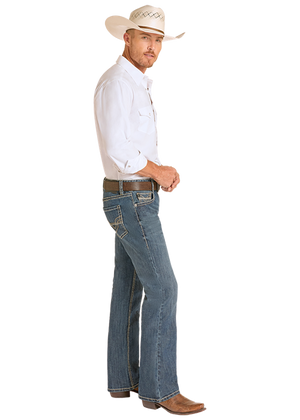 Rock & Roll Denim Men's Pistol Regular Fit Dual Tone Stitch Bootcut Jeans, Dual Tone Dark Wash