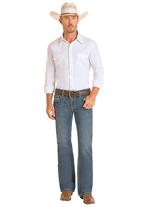 Rock & Roll Denim Men's Pistol Regular Fit Dual Tone Stitch Bootcut Jeans, Dual Tone Dark Wash