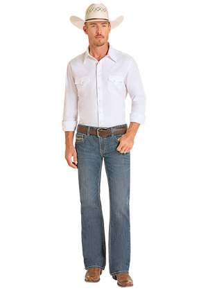 Rock & Roll Denim Men's Pistol Regular Fit Dual Tone Stitch Bootcut Jeans, Dual Tone Dark Wash