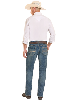 Rock & Roll Denim Men's Revolver Ladder Stitch Embroidery Straight Boot Jeans, Medium Wash