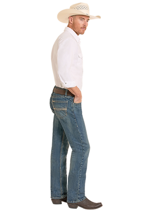 Rock & Roll Denim Men's Revolver Ladder Stitch Embroidery Straight Boot Jeans, Medium Wash