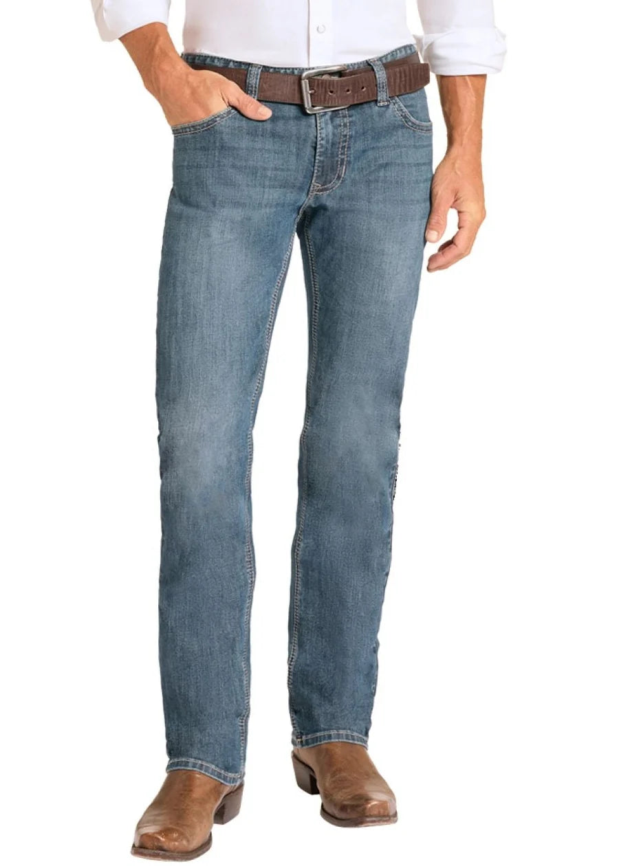 Rock & Roll Denim Men's Revolver Slim Fit Stitch Straight Leg Jeans, Feather Dark Wash