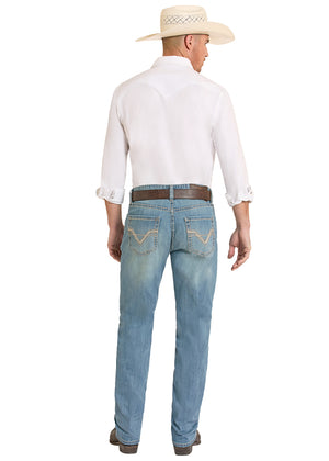 Rock & Roll Denim Men's Double Barrel Two Tone Embroidery Stackable Bootcut Jeans, Medium Wash