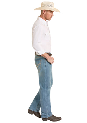 Rock & Roll Denim Men's Double Barrel Two Tone Embroidery Stackable Bootcut Jeans, Medium Wash