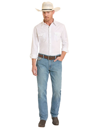 Rock & Roll Denim Men's Double Barrel Two Tone Embroidery Stackable Bootcut Jeans, Medium Wash