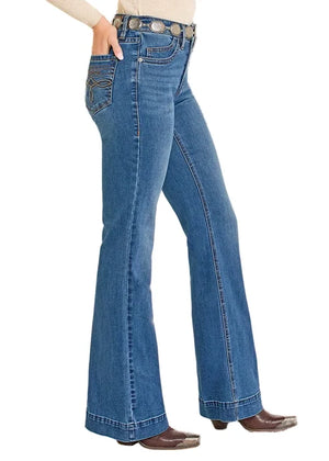Rock & Roll Women's Flawless Fit High-Rise Boot Stitch Trouser Jeans, Blue