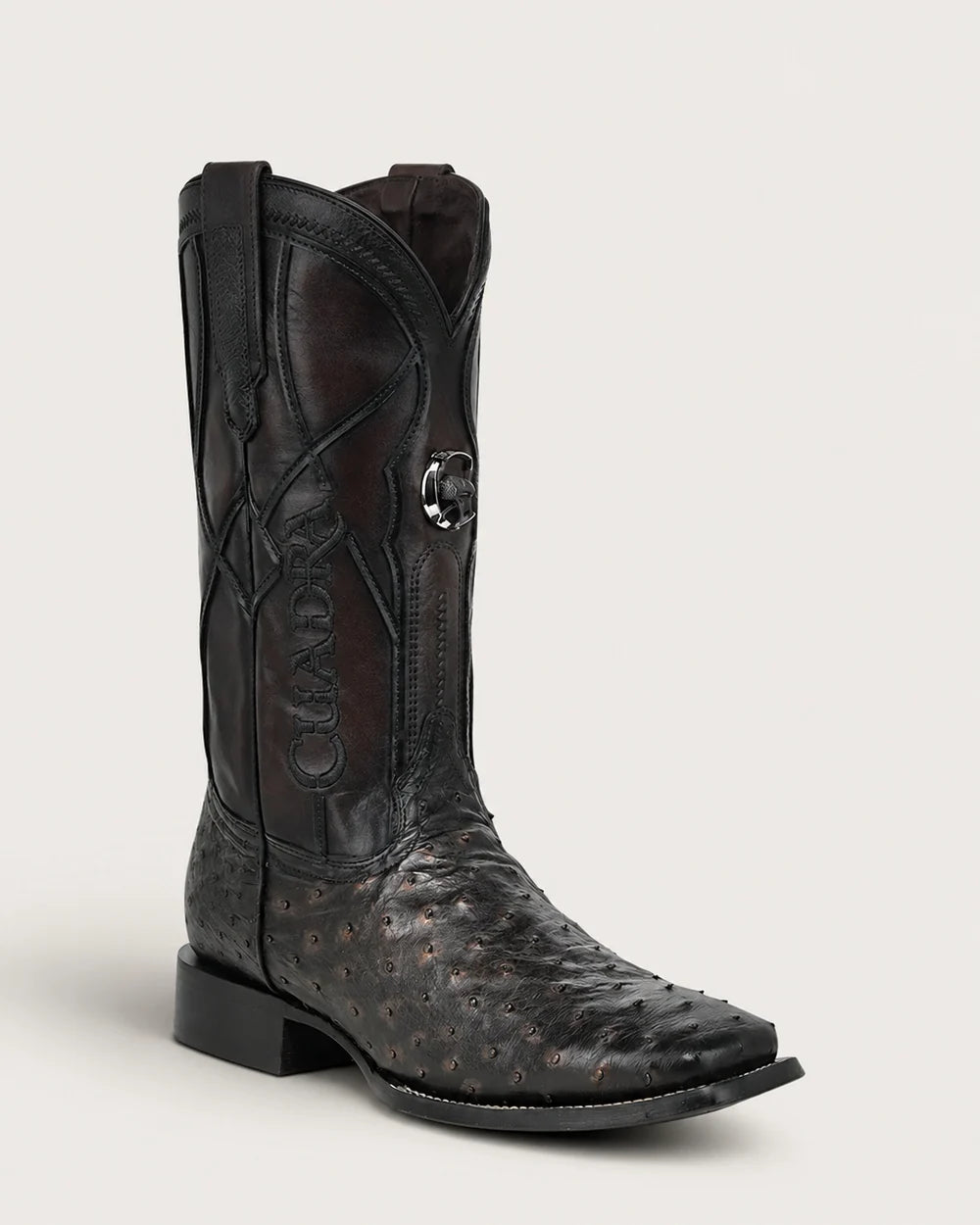 Cuadra Men's Full Quill Ostrich Leather Wide Square Toe Boot, Chocolate Gold