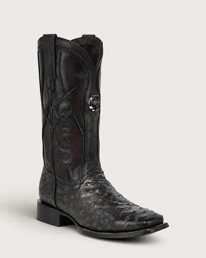 Cuadra Men's Full Quill Ostrich Leather Wide Square Toe Boot, Chocolate Gold