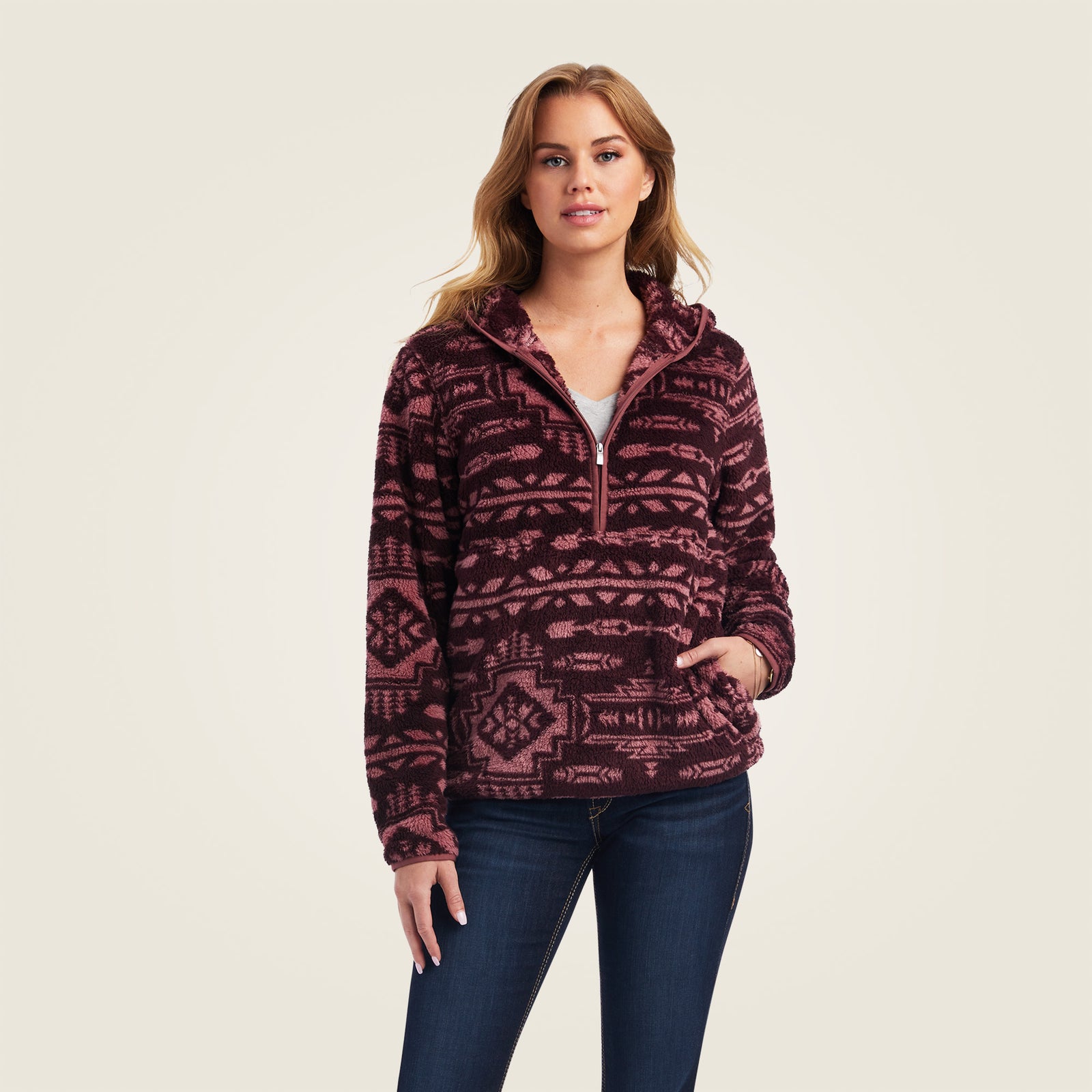 Ariat Women's REAL Berber Pullover Sweatshirt, Mulberry Brown & Nostalgia Ros
