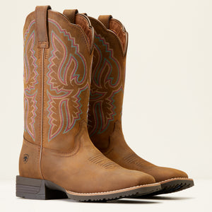 Ariat Women's Hybrid Ranchwork Wide Square Toe Western Boot, Distressed Tan