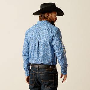 Ariat Men's Team Logo Kellan Fitted Fit Long Sleeve Shirt, Blue|White