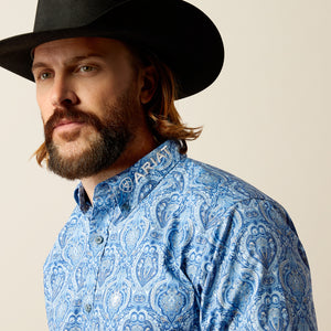 Ariat Men's Team Logo Kellan Fitted Fit Long Sleeve Shirt, Blue|White