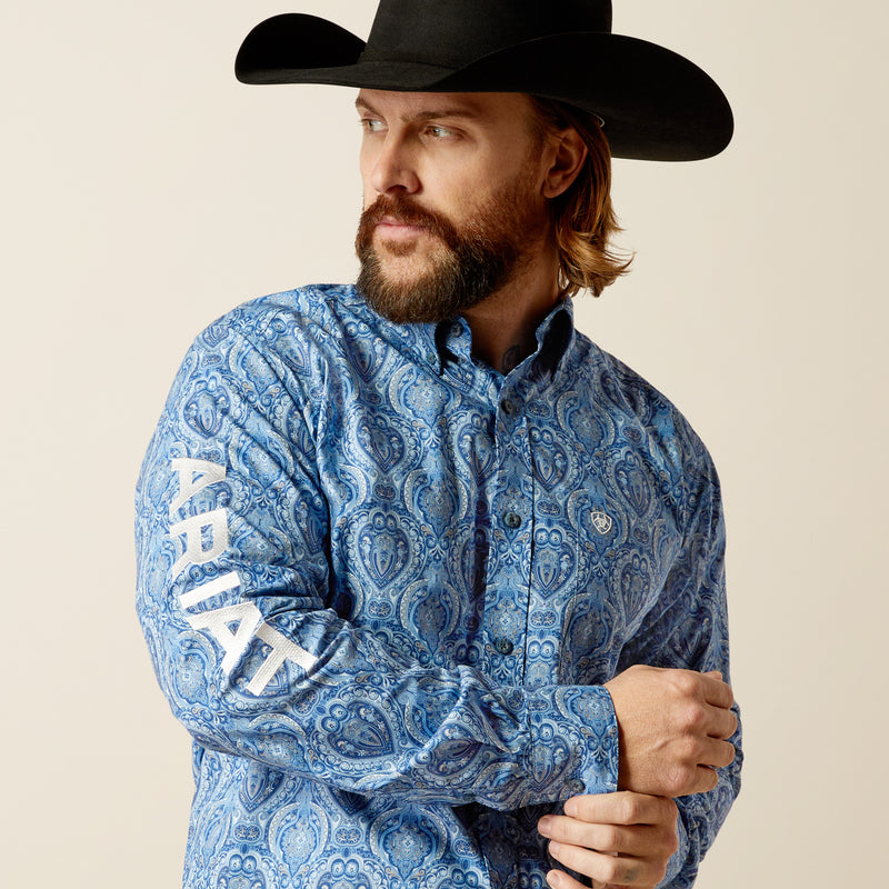 Ariat Men's Team Logo Kellan Fitted Fit Long Sleeve Shirt, Blue|White