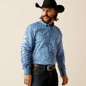Ariat Men's Team Logo Kellan Fitted Fit Long Sleeve Shirt, Blue|White