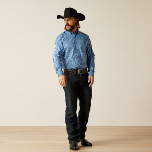 Ariat Men's Team Logo Kellan Fitted Fit Long Sleeve Shirt, Blue|White