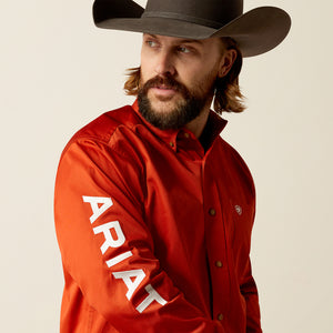 Ariat Men's Team Logo Twill Classic Fit Long Sleeve Shirt, Dark Orange|White