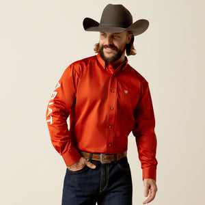 Ariat Men's Team Logo Twill Classic Fit Long Sleeve Shirt, Dark Orange|White
