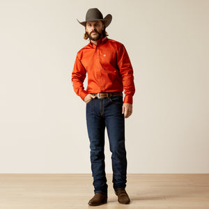 Ariat Men's Team Logo Twill Classic Fit Long Sleeve Shirt, Dark Orange|White