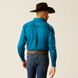 Ariat Men's Team Logo Twill Classic Fit Long Sleeve Shirt, Dark Teal|White