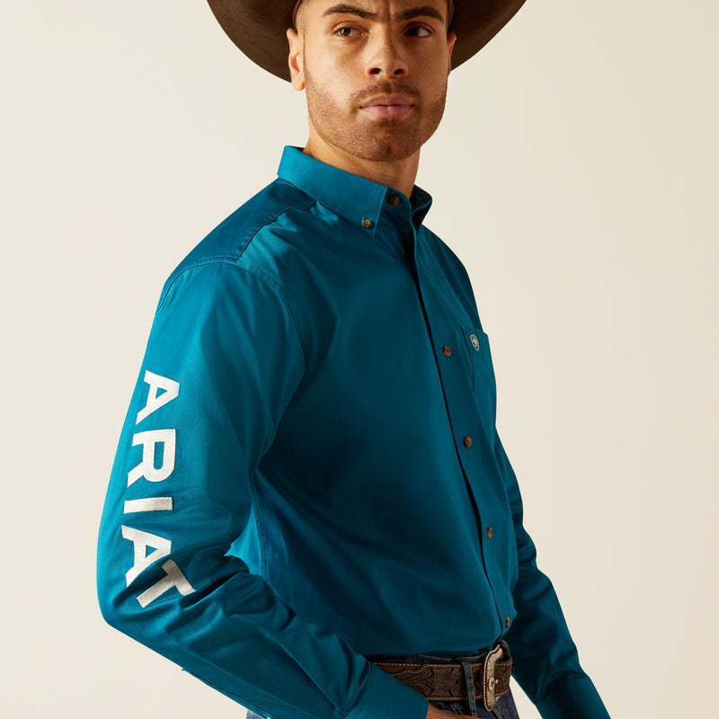 Ariat Men's Team Logo Twill Classic Fit Long Sleeve Shirt, Dark Teal|White