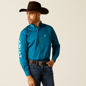 Ariat Men's Team Logo Twill Classic Fit Long Sleeve Shirt, Dark Teal|White