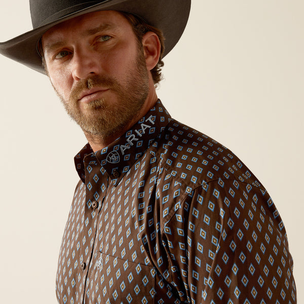 Ariat Men's Team Oak Classic Fit Brown Light Blue Shirt XS