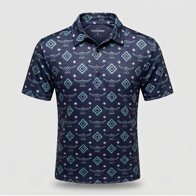 Texhorn Men's Geometric Steer Skull 4-Way Stretch Performance Polo, Navy/Turquoise
