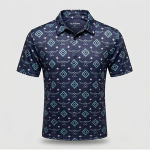 Texhorn Men's Geometric Steer Skull 4-Way Stretch Performance Polo, Navy/Turquoise
