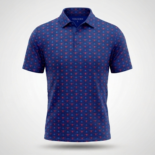 Texhorn Men's Longhorn Print 4-Way Stretch Performance Polo, Royal Blue
