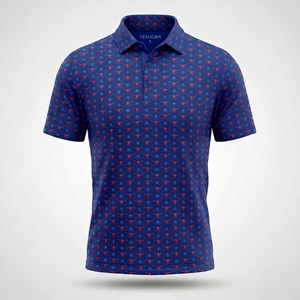 Texhorn Men's Longhorn Print 4-Way Stretch Performance Polo, Royal Blue