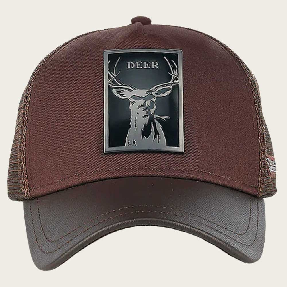 Cuadra Unisex Bovine Leather Deer Metal Patch Cap, Brown