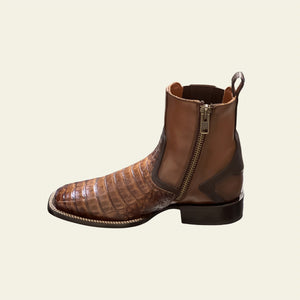 Cuadra Men's Caiman Belly Leather Square Toe Zipper Boot, Honey