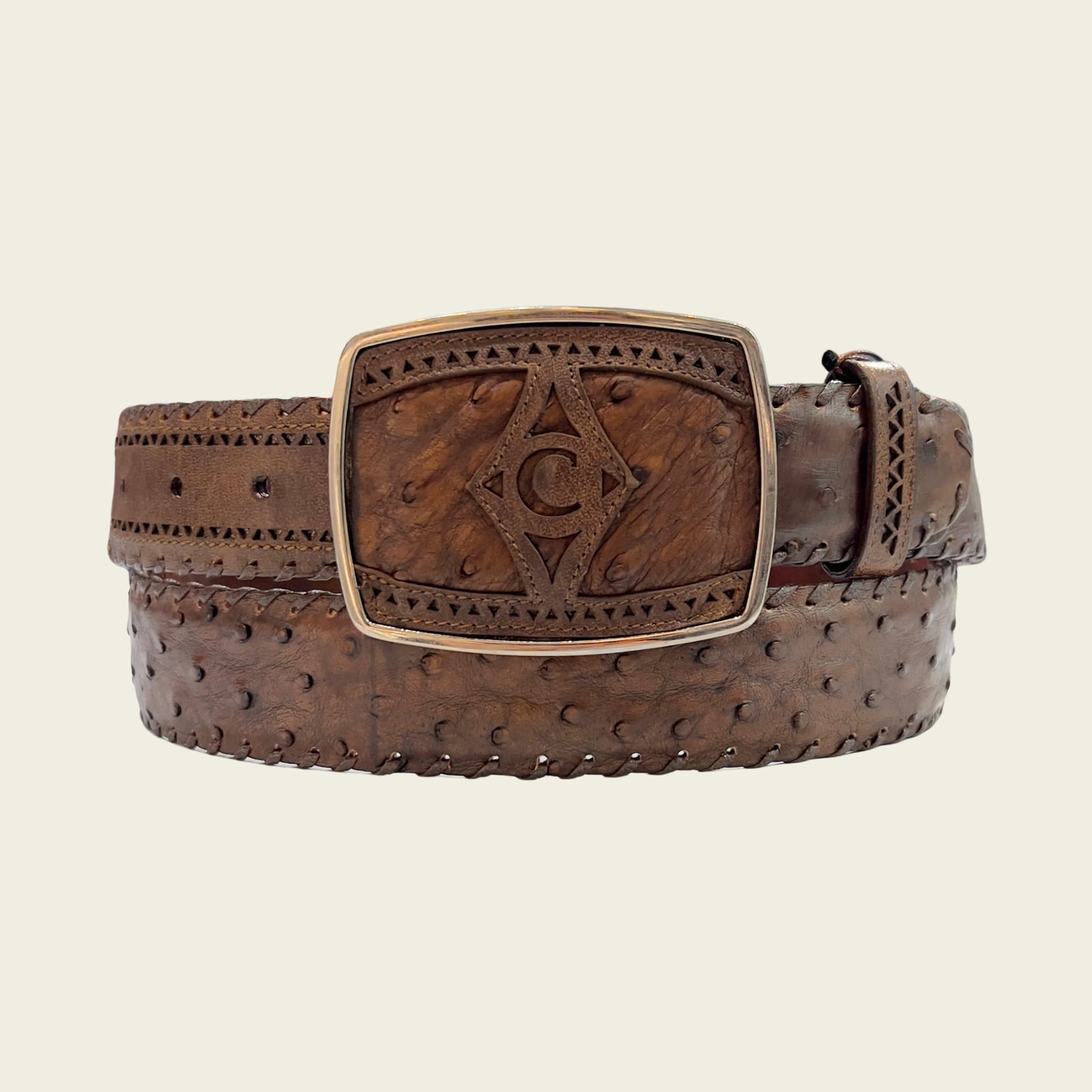 Cuadra Men's Ostrich Full Quill Leather Belt, Brown