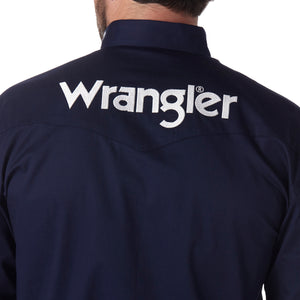 Wrangler Men's Logo Long Sleeve Button Down Solid Shirt, Navy