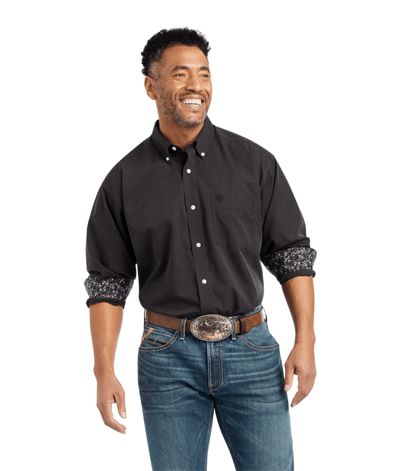 Ariat Men's MNS Wrinkle Free Solid Pinpoint Oxford  Classic Fit Shirt, Black/Floral