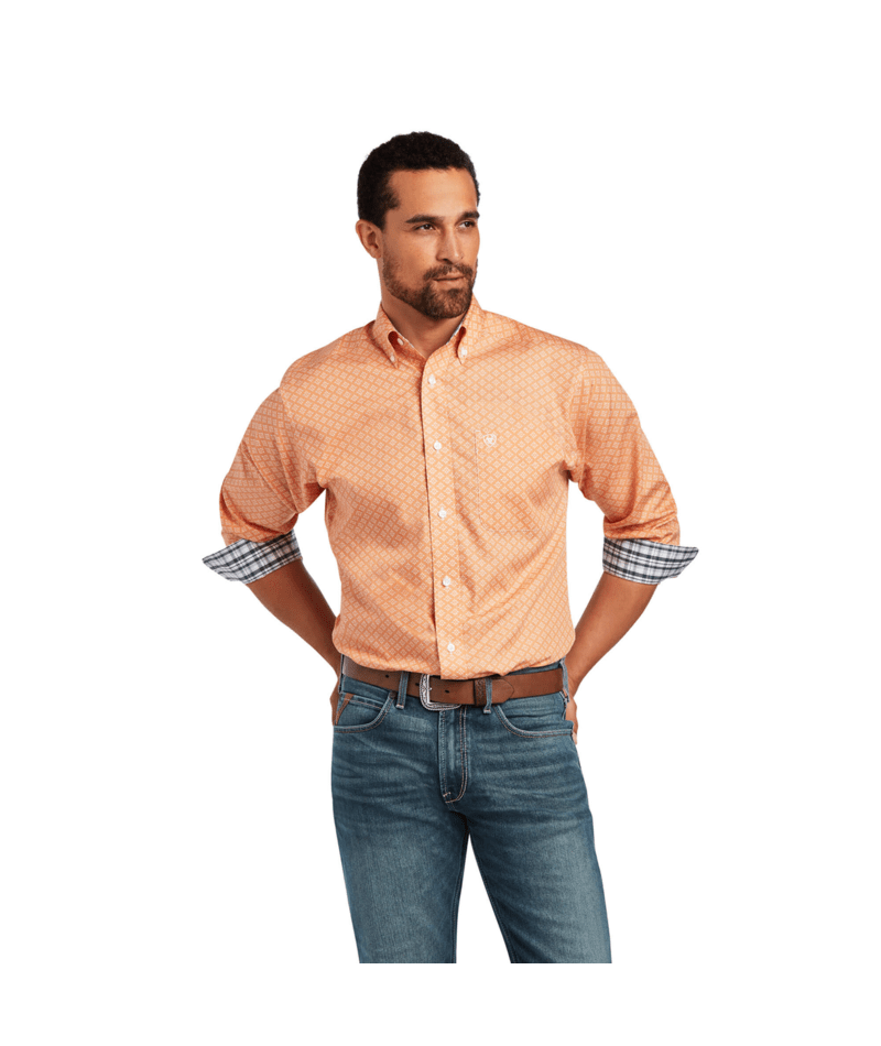 Ariat Men's MNS Wrinkle Free Yakov Fitted Shirt, Habanero Peach