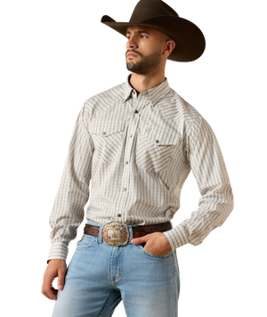 MNS Wrinkle Free Burnard Classic Fit Snap Shirt - Savannah Brown Geo Stripe