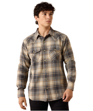 MNS Retro Waffle Button Down Fitted Shirt - Oyster Grey Plaid