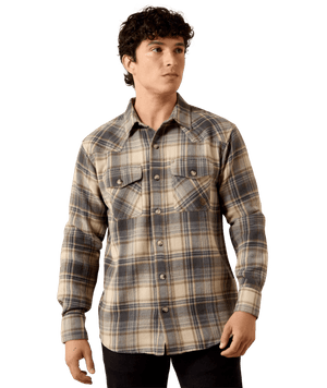MNS Retro Waffle Button Down Fitted Shirt - Oyster Grey Plaid