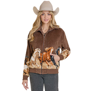 Rock & Roll Women's Running Horse Border Zip Fleece Jacket, Dark Brown