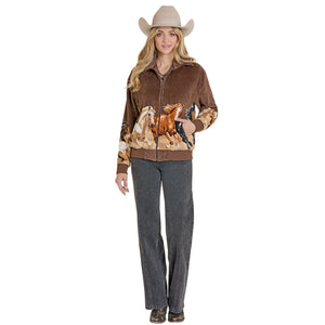 Rock & Roll Women's Running Horse Border Zip Fleece Jacket, Dark Brown