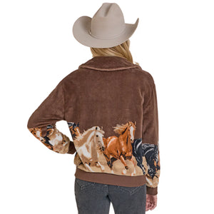 Rock & Roll Women's Running Horse Border Zip Fleece Jacket, Dark Brown