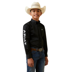 Ariat Youth Team Logo Twill Classic Fit Long Sleeve Shirt, Black/ White